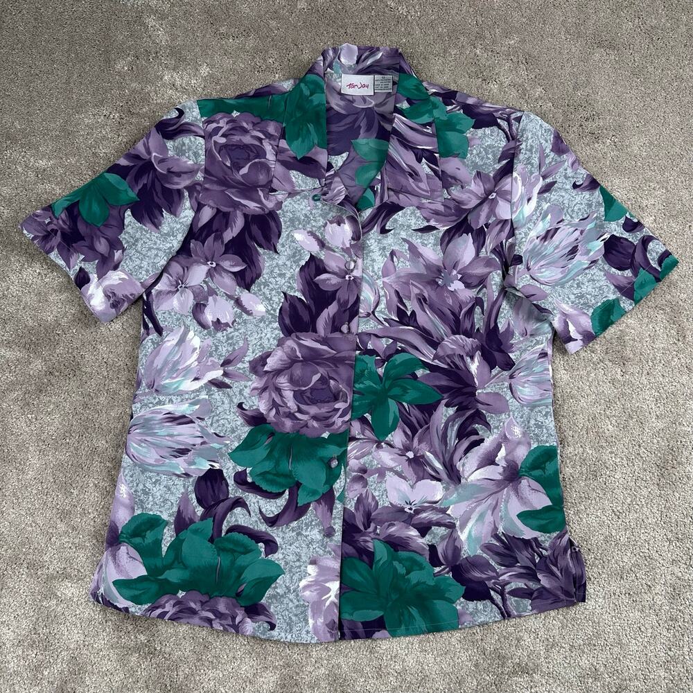 Tan Jay Vintage Purple Teal Floral Button Up Blouse Size 12 Grandmacore Eclectic